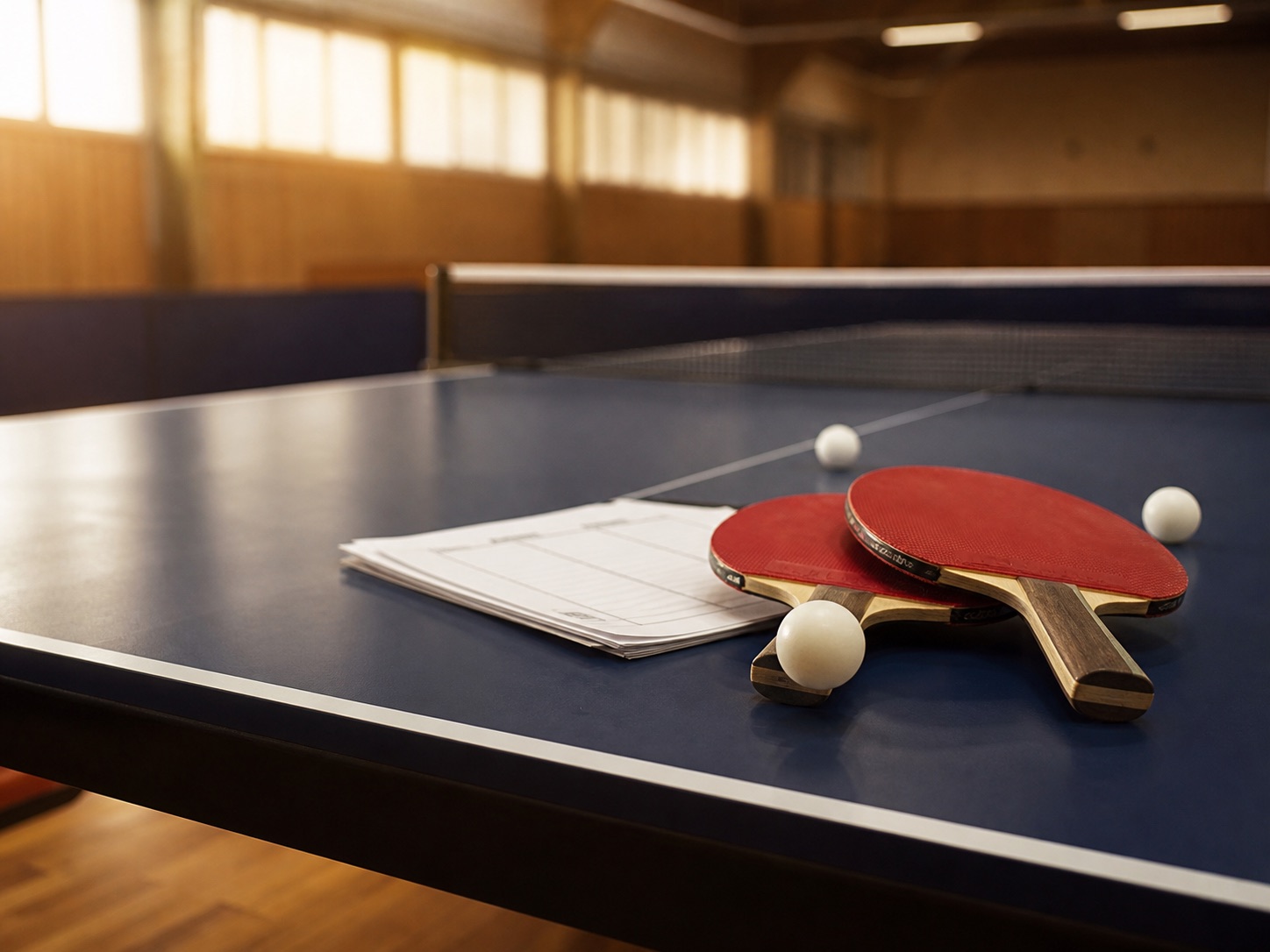 Tischtennisschläger und Bälle nach dem Training
